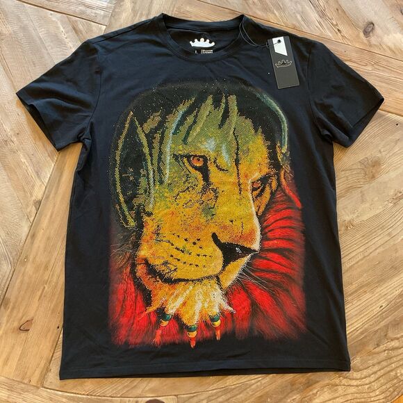 Heads or Tails Black Lion Graphic T-Shirt L Crystal Stud Design Bold Art NWT $68 - Picture 1 of 8